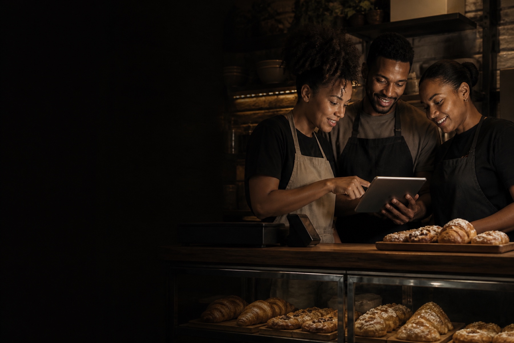 A small team collaborating together behind an independent bakery counter.