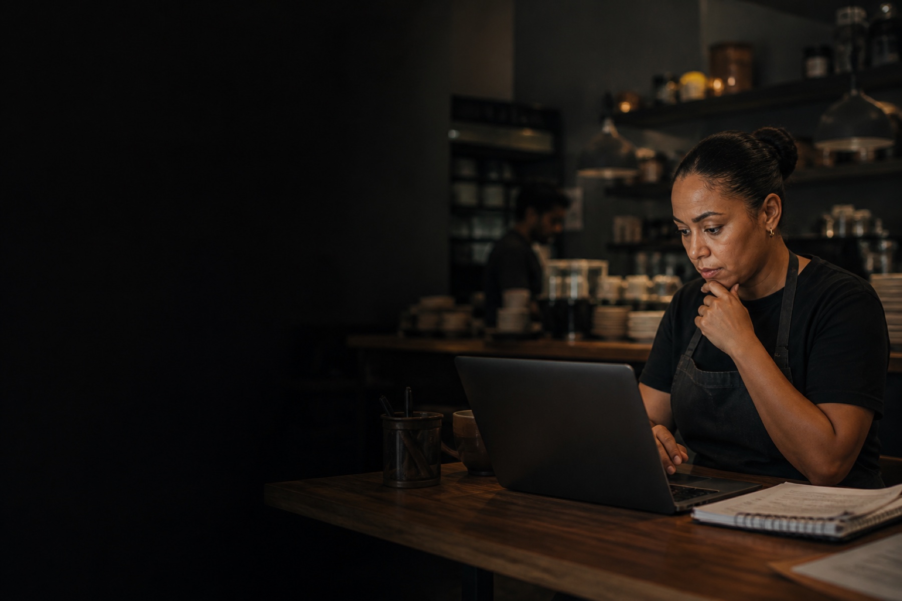 An independent business owner reviewing daily performance on a laptop after service.
