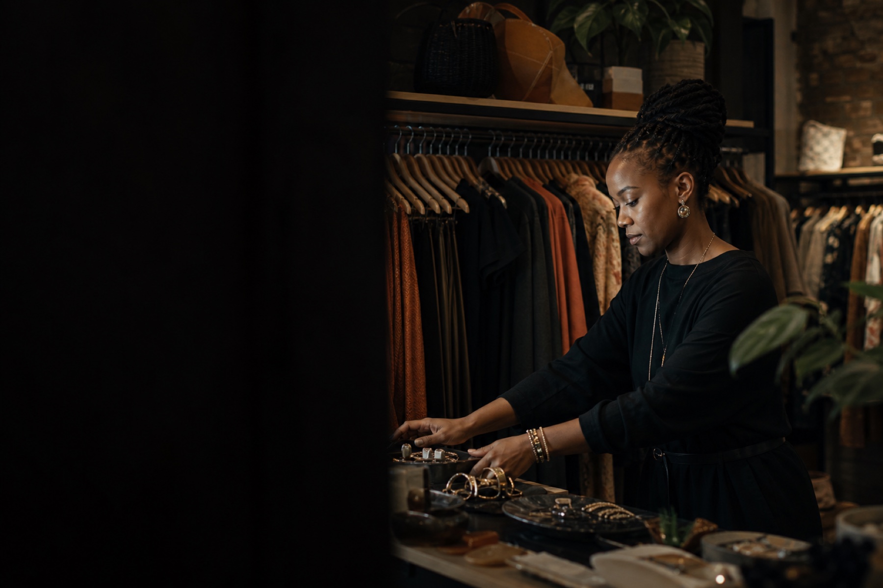 An independent boutique owner arranging accessories beside a curated clothing rail.