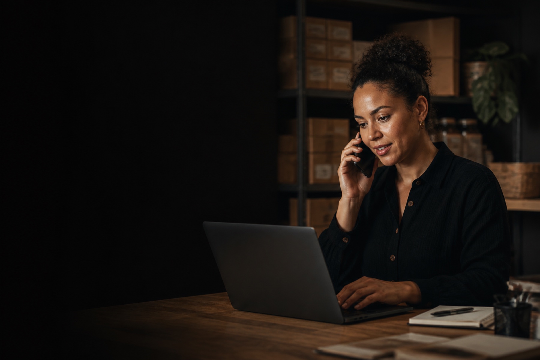 A local product specialist helping a business customer over the phone.