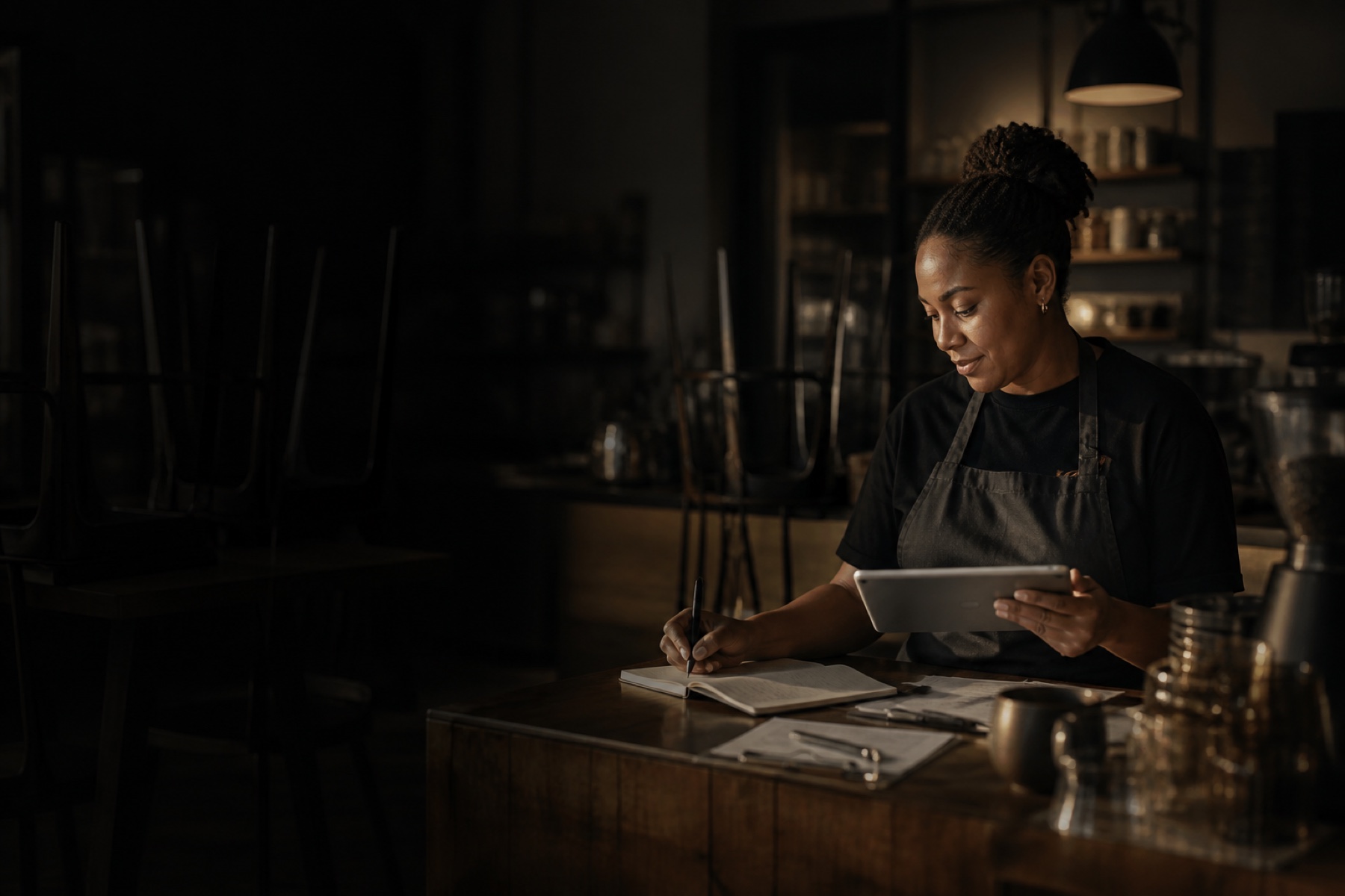 A new café owner preparing business details with a notebook and tablet before opening.
