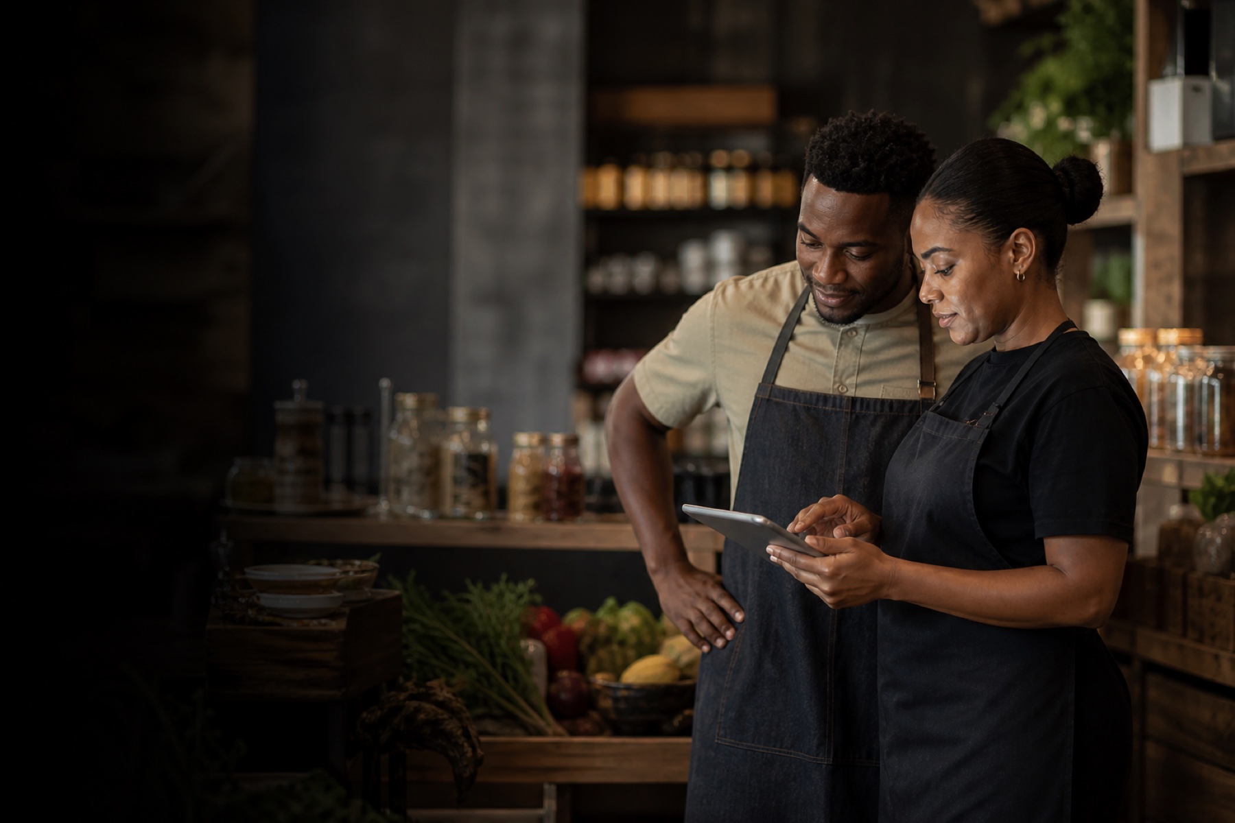 Two independent market operators reviewing their business together on a tablet.