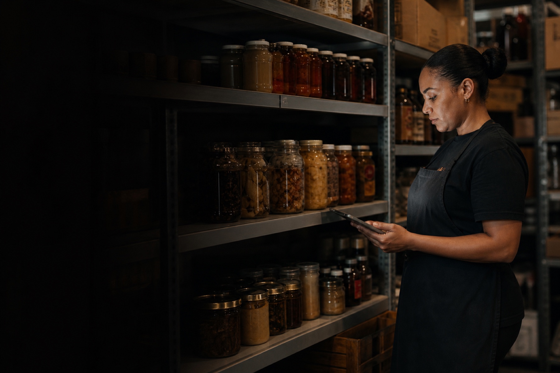 A stock manager checking a product against a tablet in a well-organised storeroom.