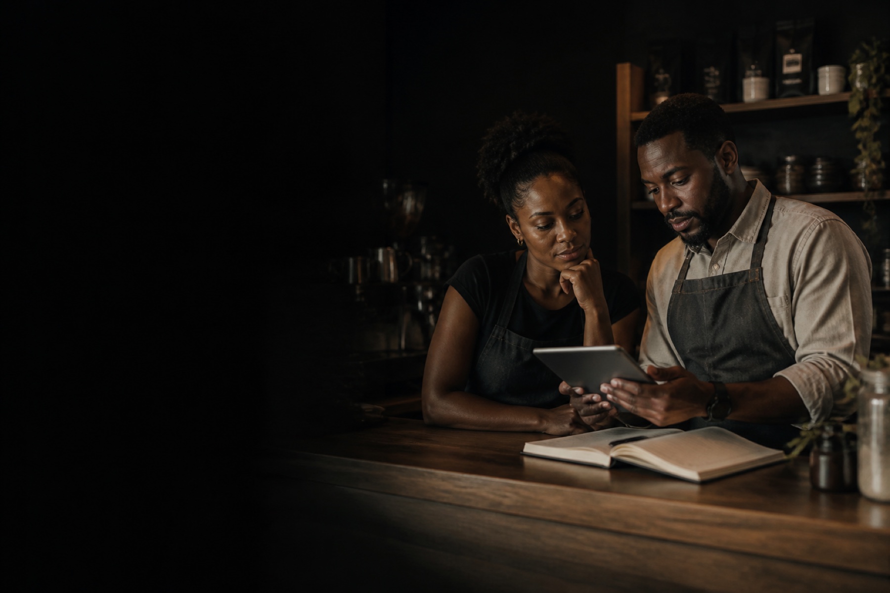 Two independent-business partners comparing operating options on a tablet and notebook.