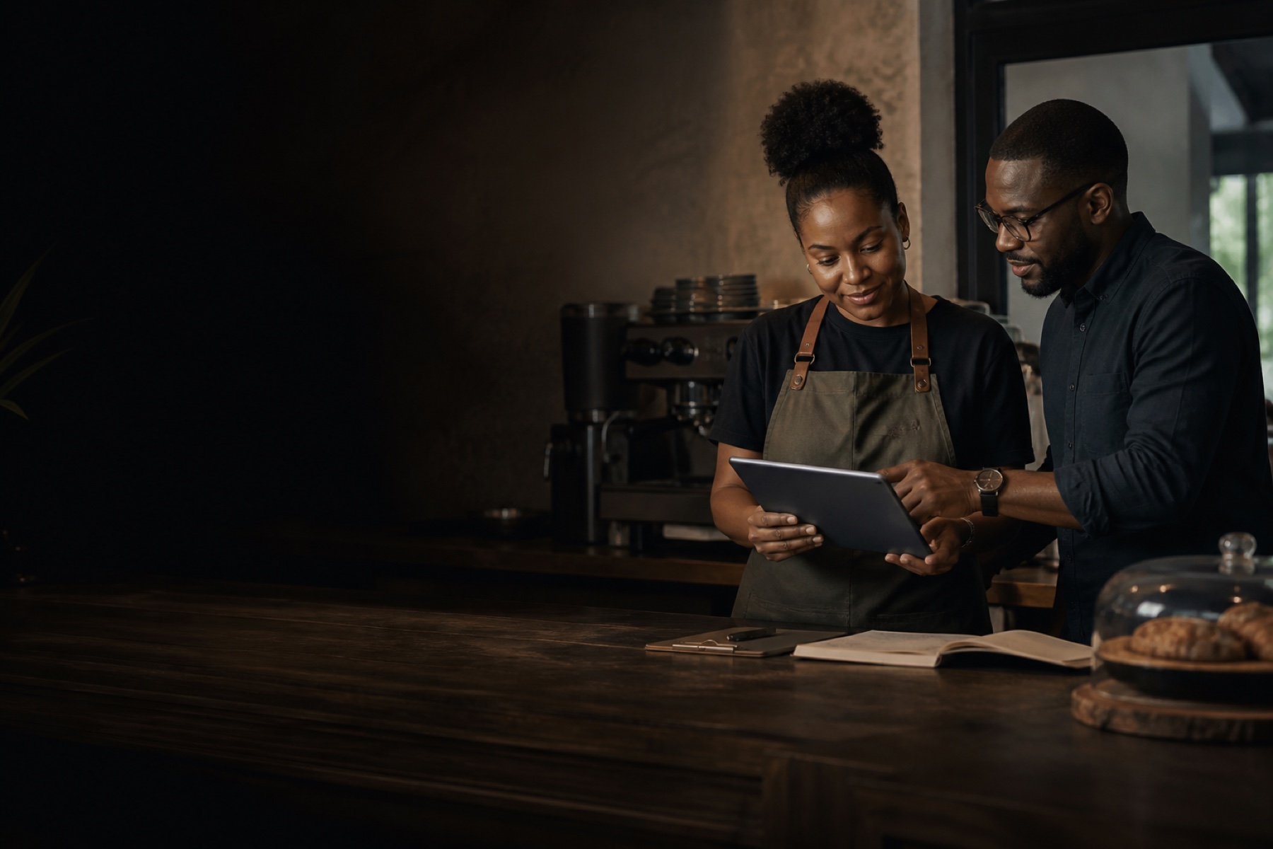 A small-business owner and advisor reviewing operating figures together at a counter.