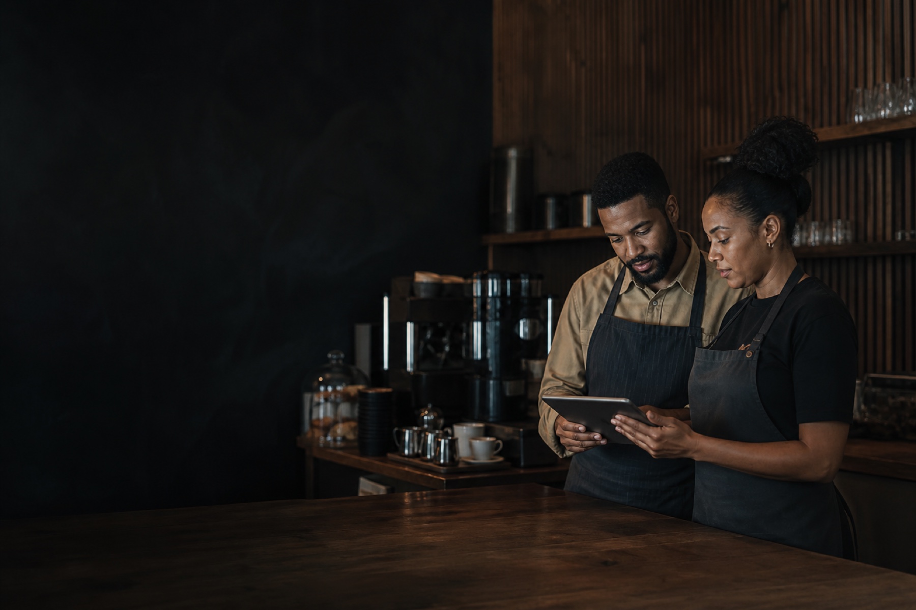 An independent business operator reviewing the day's work on a tablet at the counter.