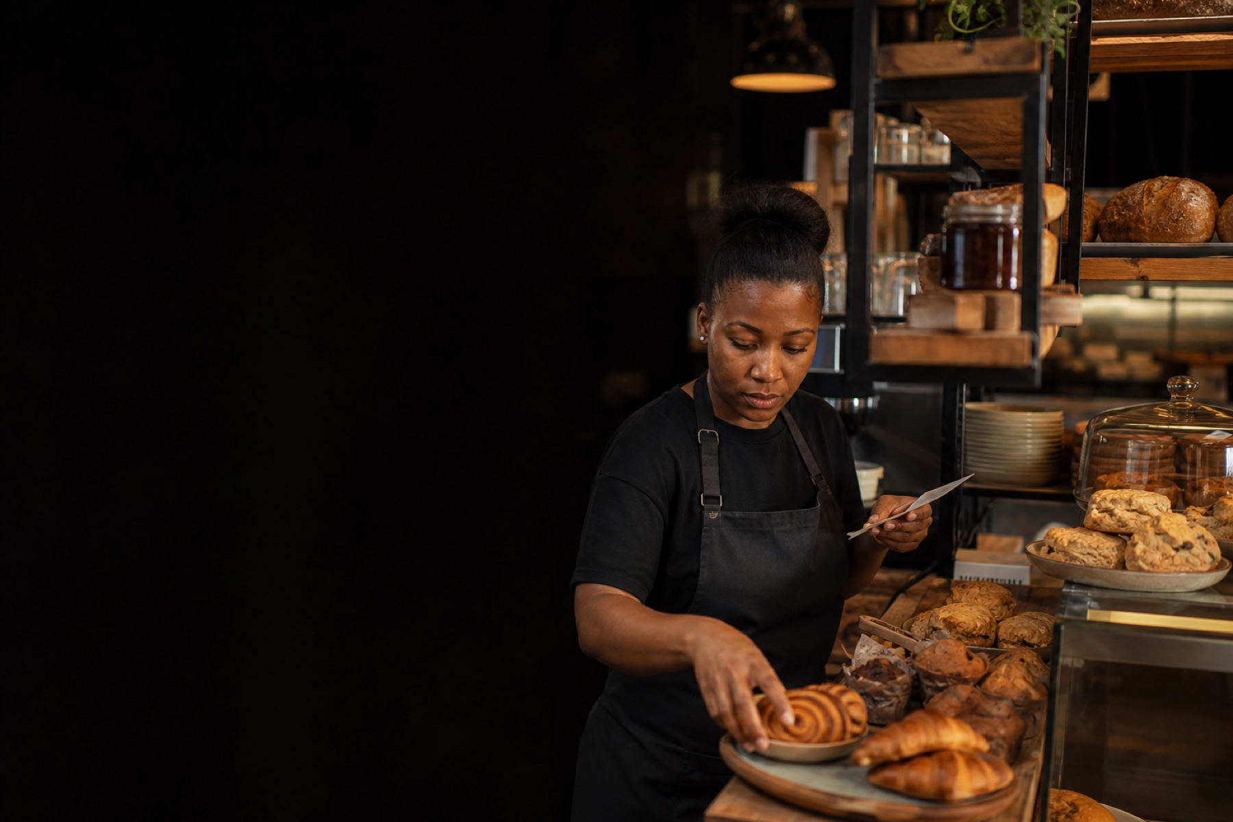 An independent food-business operator organising products at a tablet beside a prepared counter.