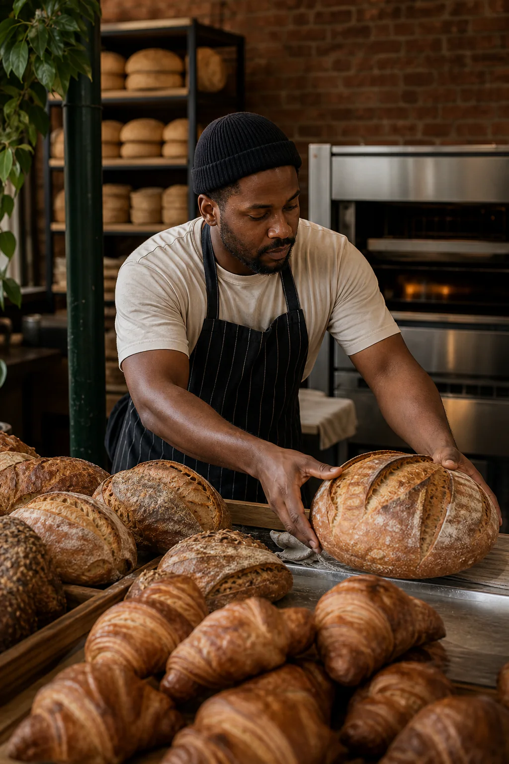 A baker arranging fresh artisan bread behind the counter.