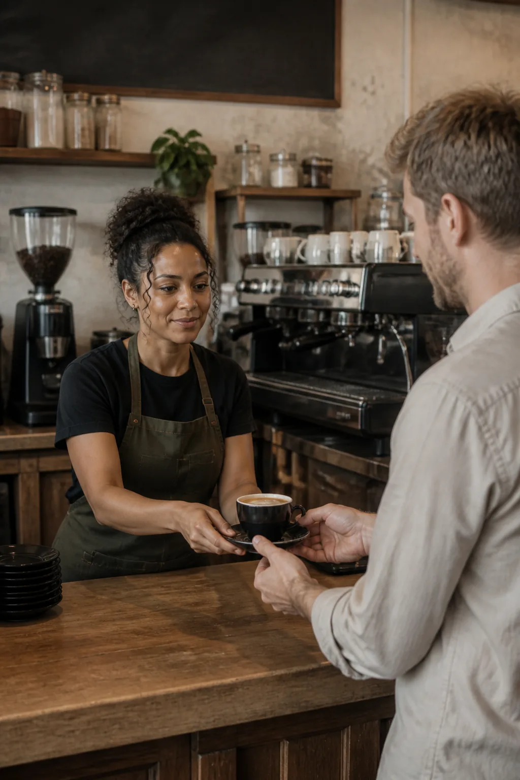 A café team serving a customer at the counter.