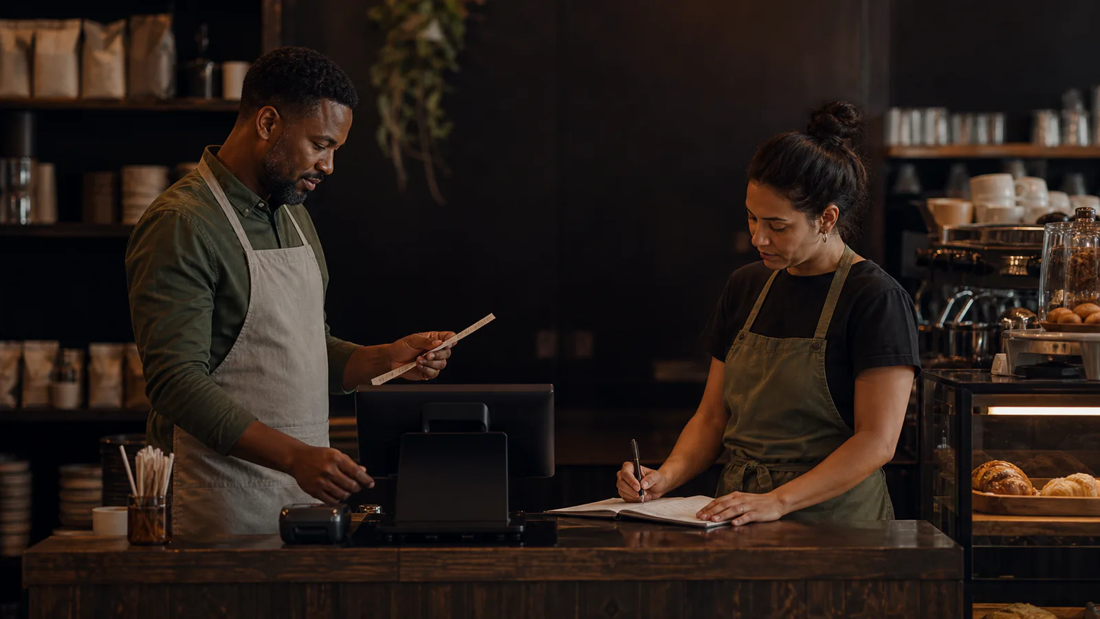 Two café operators reviewing daily sales and closing tasks at their point-of-sale counter.
