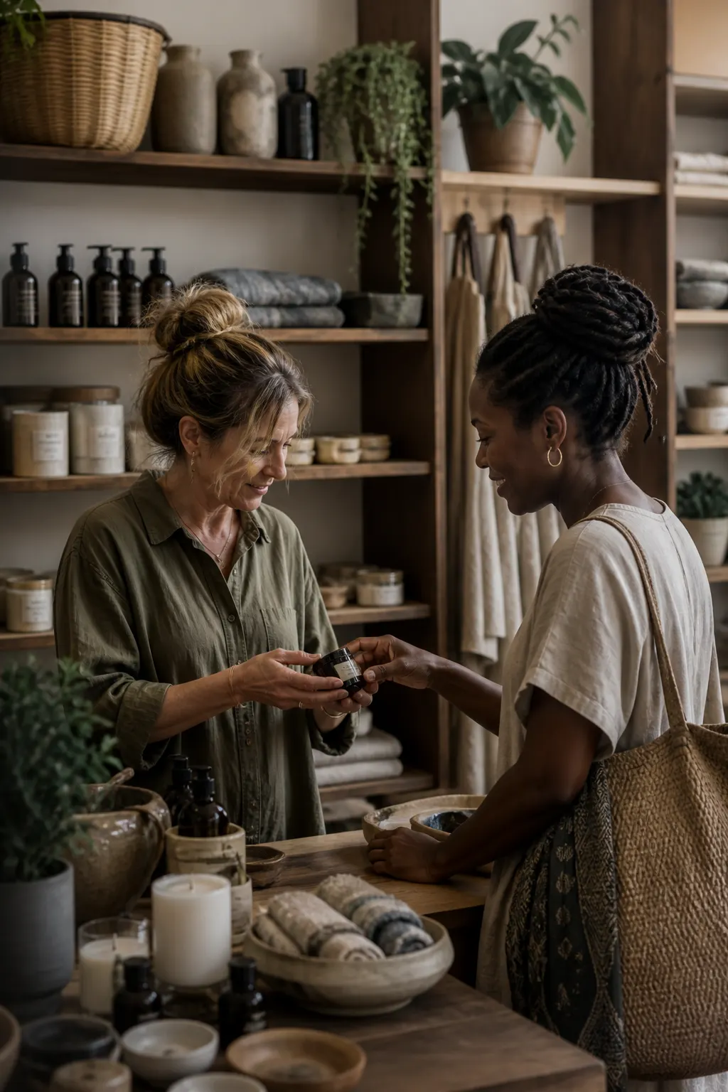 A specialty retailer helping a customer with a product.