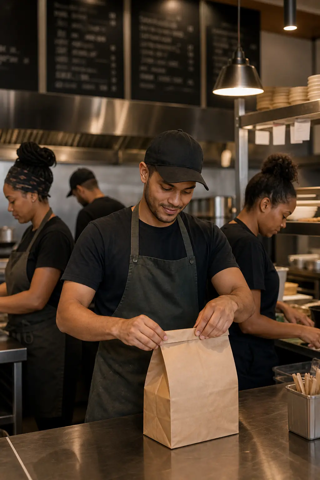 A quick-service team preparing takeaway orders for pickup.