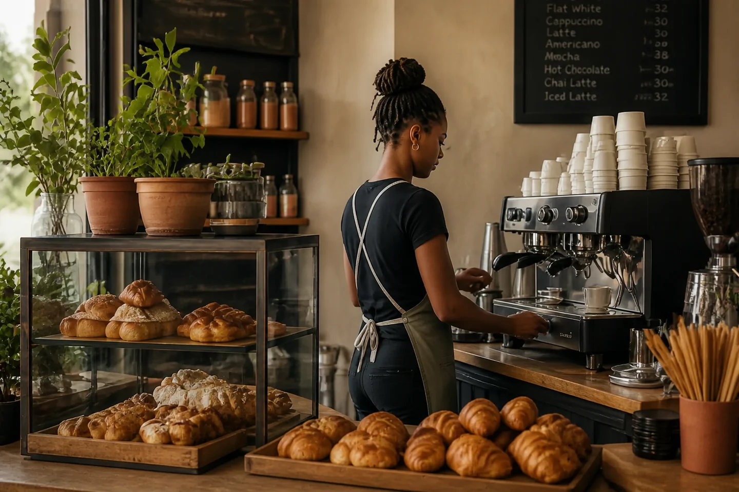 A café barista preparing coffee beside a bakery display filled with fresh pastries.