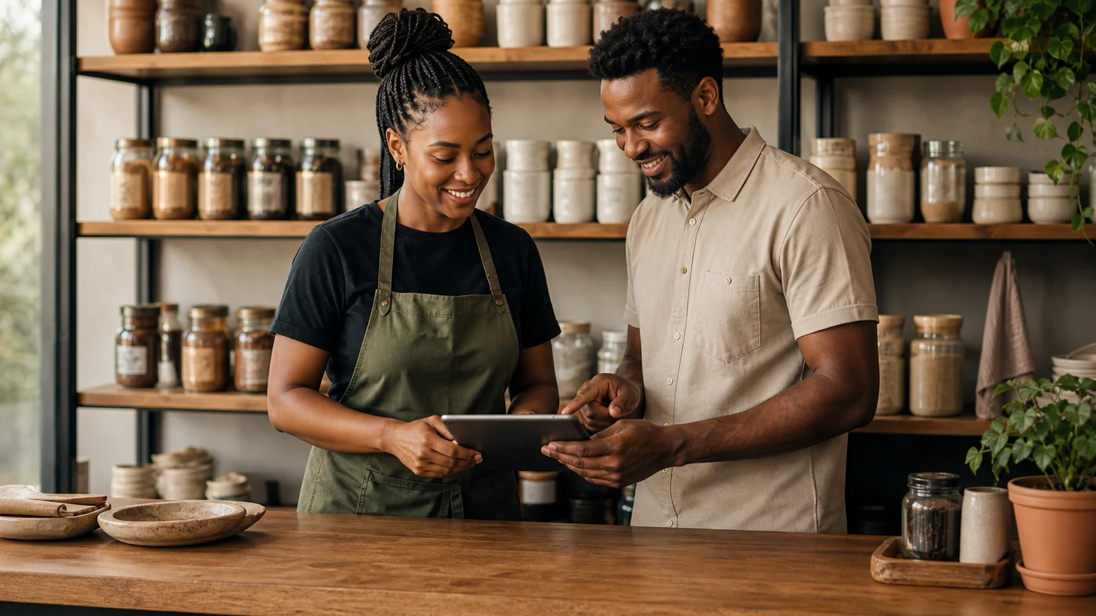 Two independent café operators reviewing their business together on a tablet.