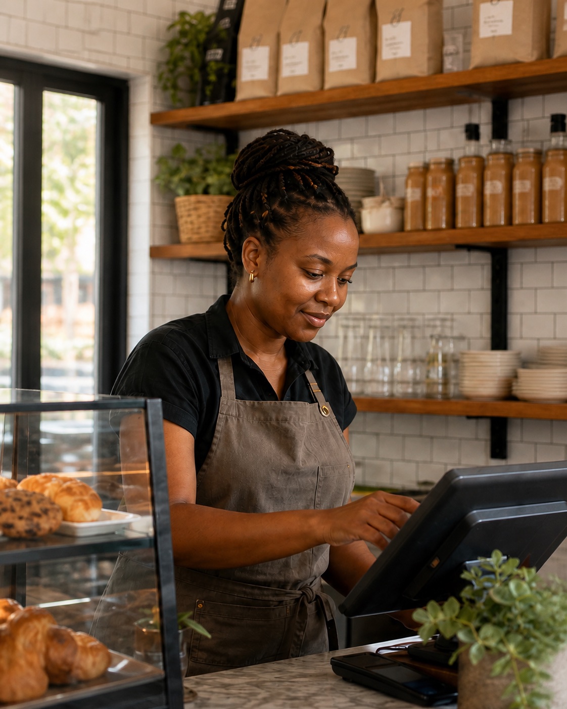 A bakery operator using a point-of-sale terminal at the counter.