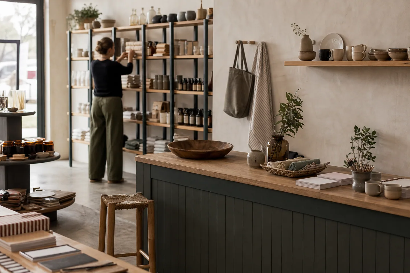 A considered specialty retail space with products arranged around the counter.