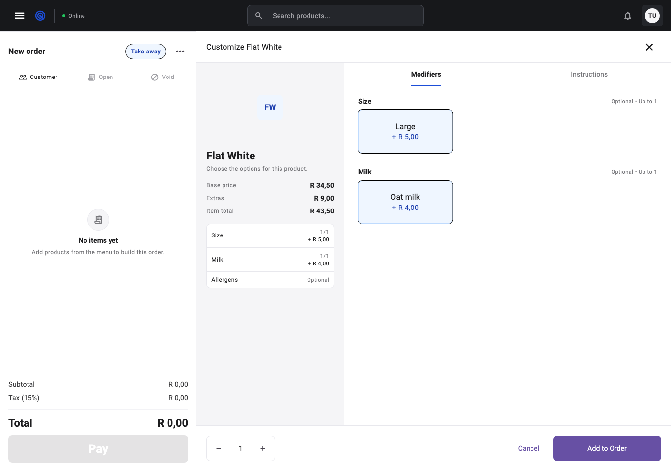 Bibeno point of sale showing options and modifiers for a café order.
